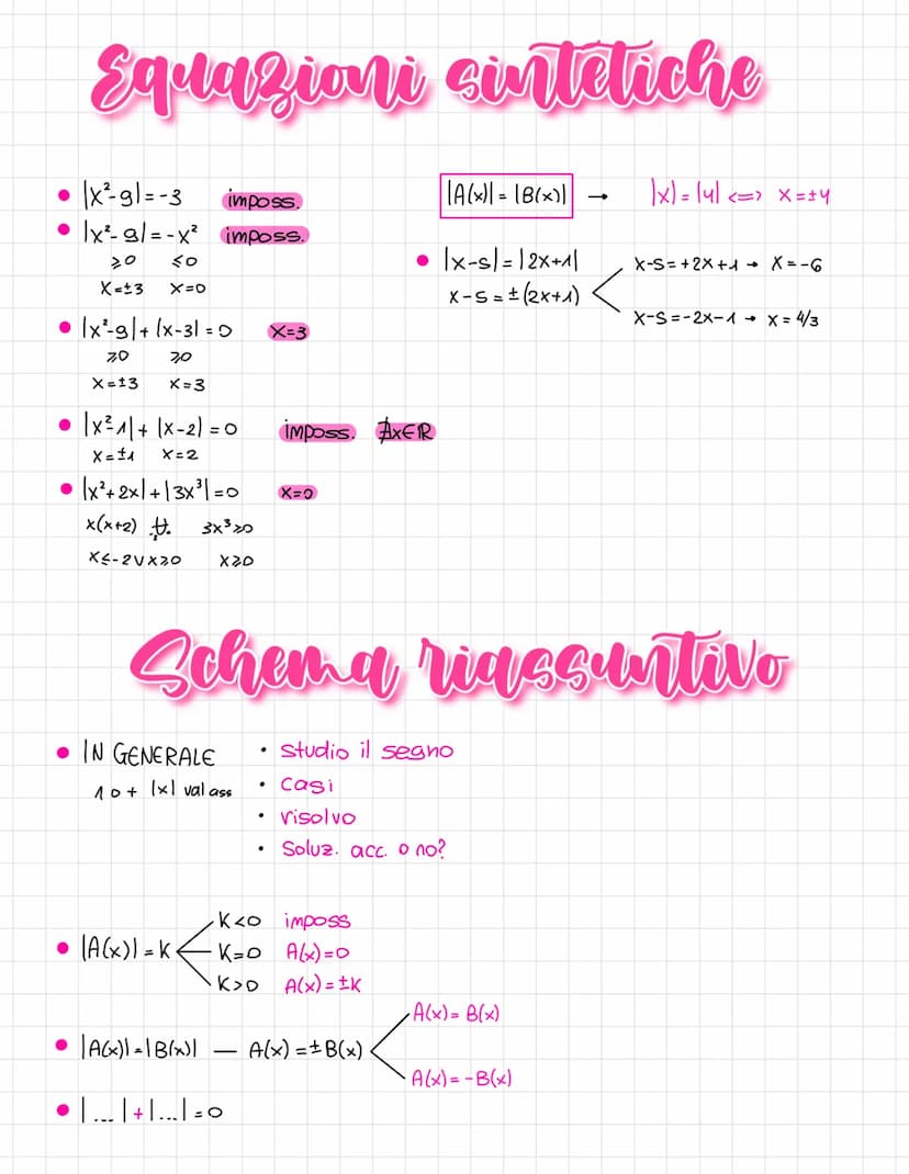 Equazioni con valori accolati
(x) =
●
• Ixl l-xl VxER
|x+41 |x|+ [4]
•|-x-y|=1-x)-141
●
●
X, Sex30
-X, se X 20
|x:41=1x1:141
• 1x1 = lul
|x|