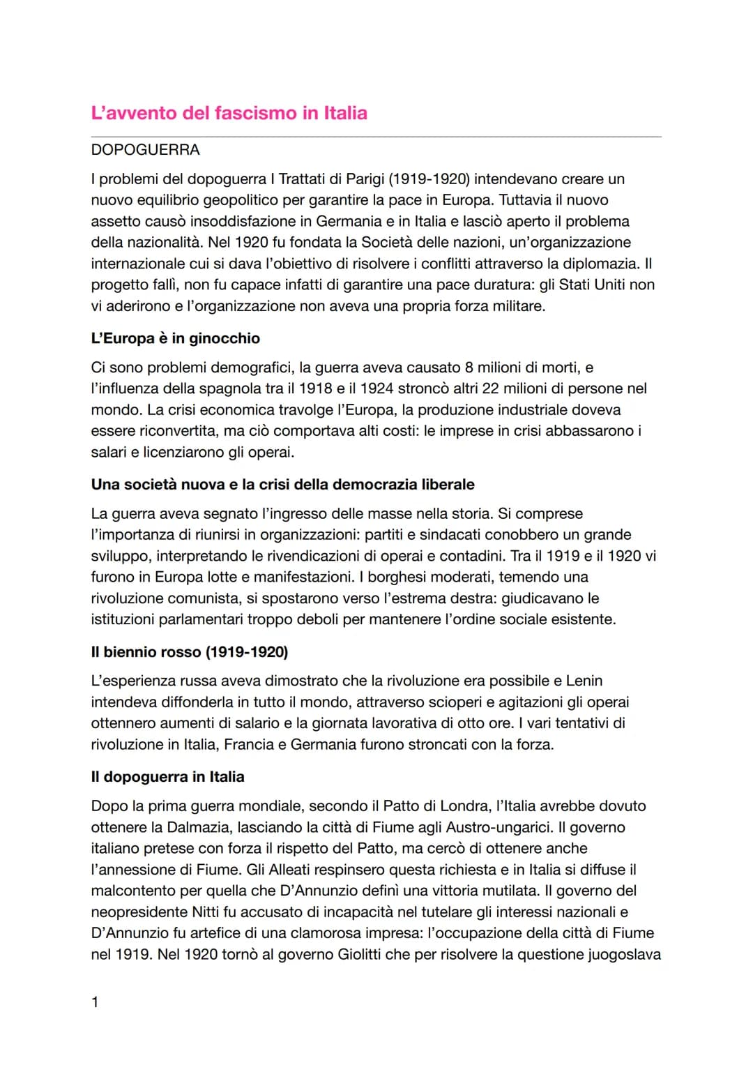 L'avvento del fascismo in Italia
DOPOGUERRA
I problemi del dopoguerra I Trattati di Parigi (1919-1920) intendevano creare un
nuovo equilibri