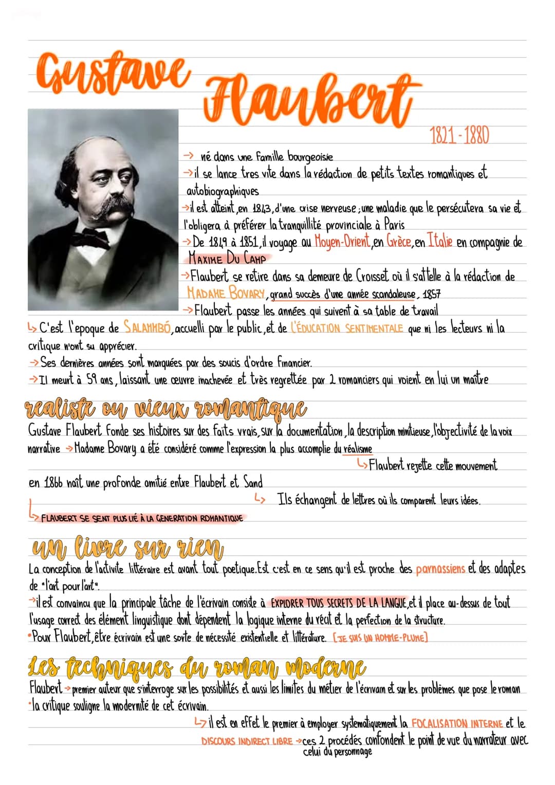 Gustave Flaubert
1821-1880
→né dans une famille bourgeoisie
→il se lance tres vite dans la rédaction de petits textes romantiques et
autobio