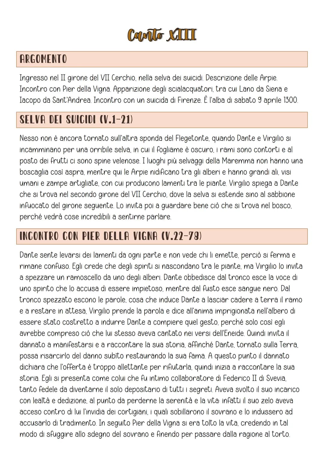 Canto XIII
ARGOMENTO
Ingresso nel II girone del VII Cerchio, nella selva dei suicidi. Descrizione delle Arpie.
Incontro con Pier della Vigna