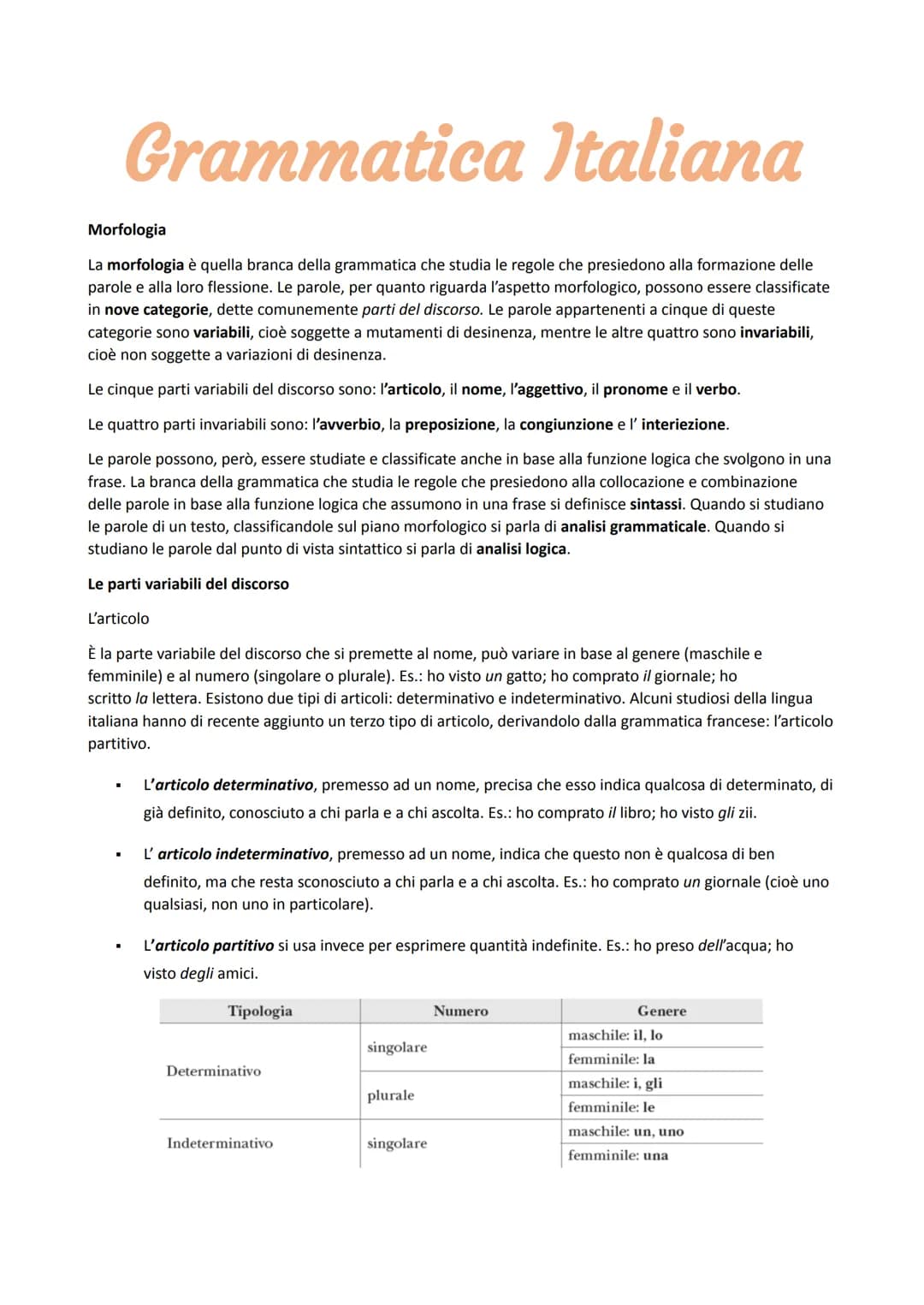 Grammatica Italiana
Morfologia
La morfologia è quella branca della grammatica che studia le regole che presiedono alla formazione delle
paro