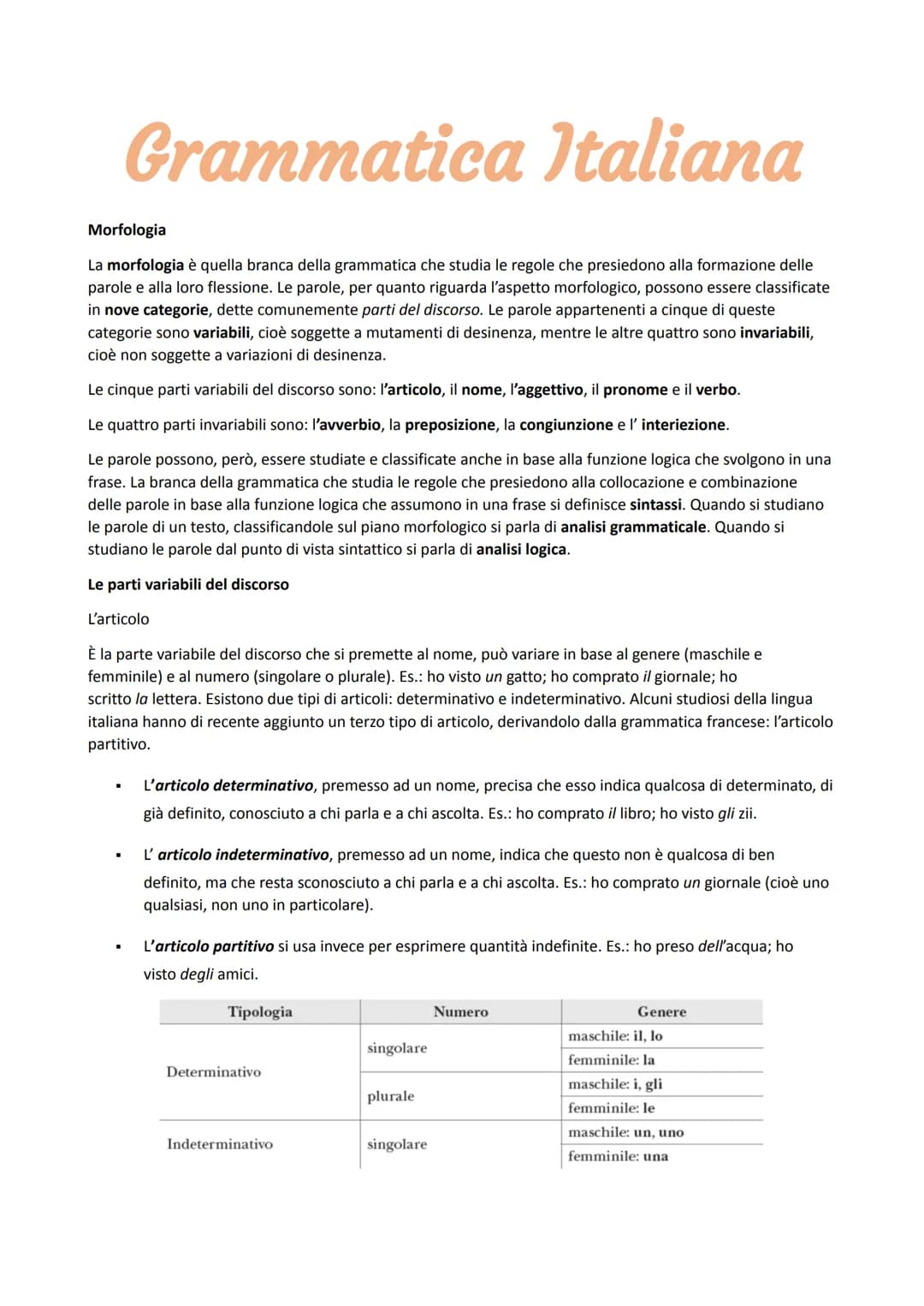 Grammatica Italiana
Morfologia
La morfologia è quella branca della grammatica che studia le regole che presiedono alla formazione delle
paro