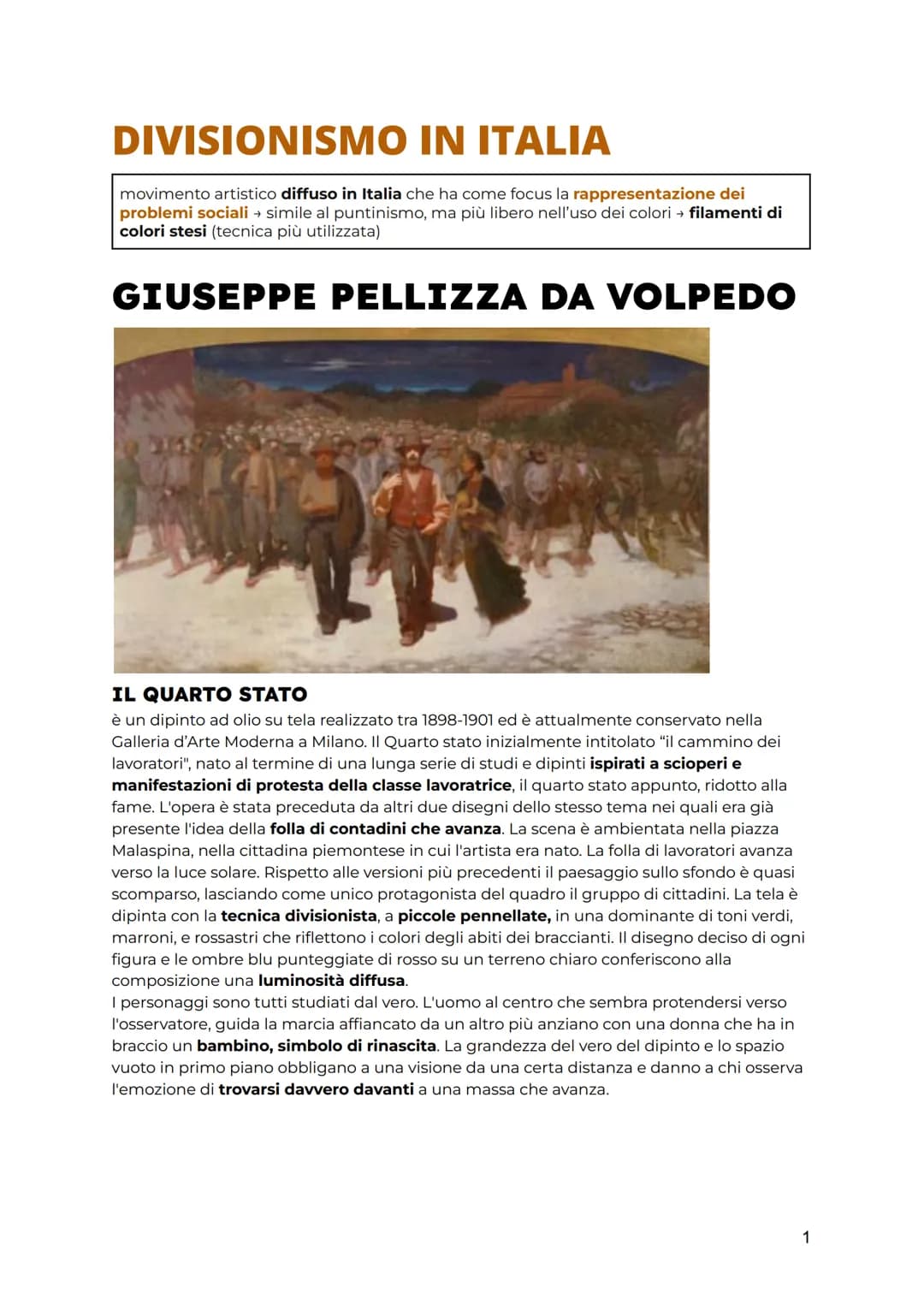 DIVISIONISMO IN ITALIA
movimento artistico diffuso in Italia che ha come focus la rappresentazione dei
problemi sociali → simile al puntinis