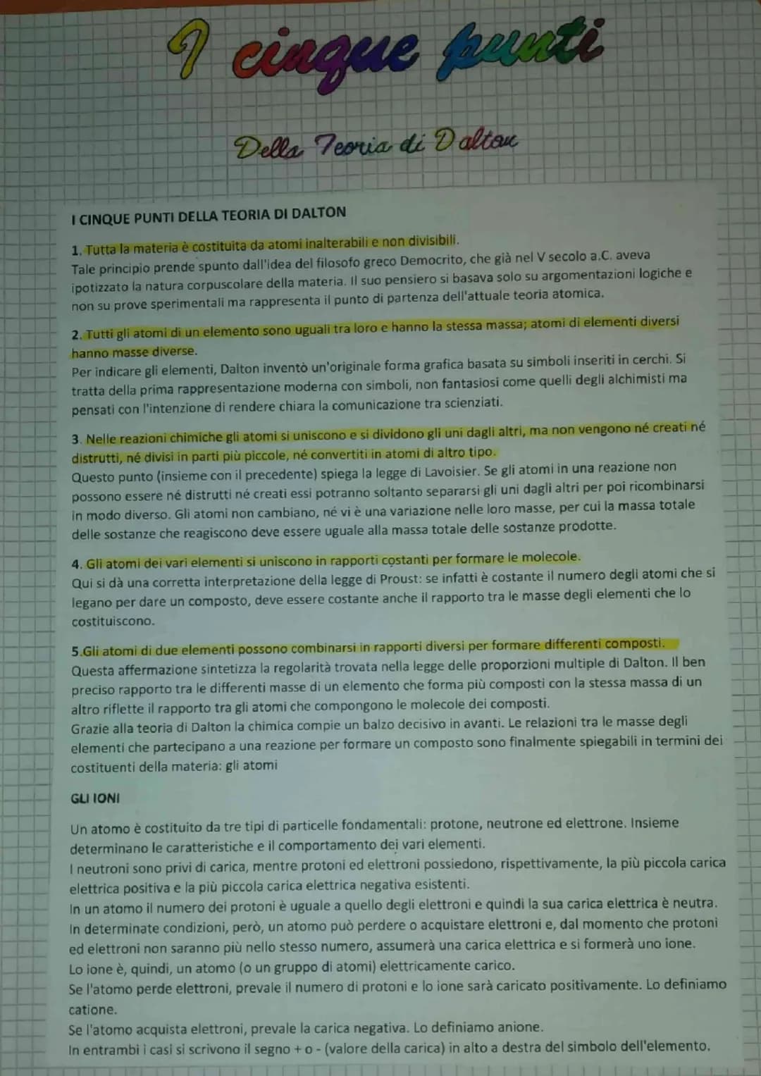 I cinque punti
Della Teoria di Dalton
I CINQUE PUNTI DELLA TEORIA DI DALTON
1. Tutta la materia è costituita da atomi inalterabili e non div