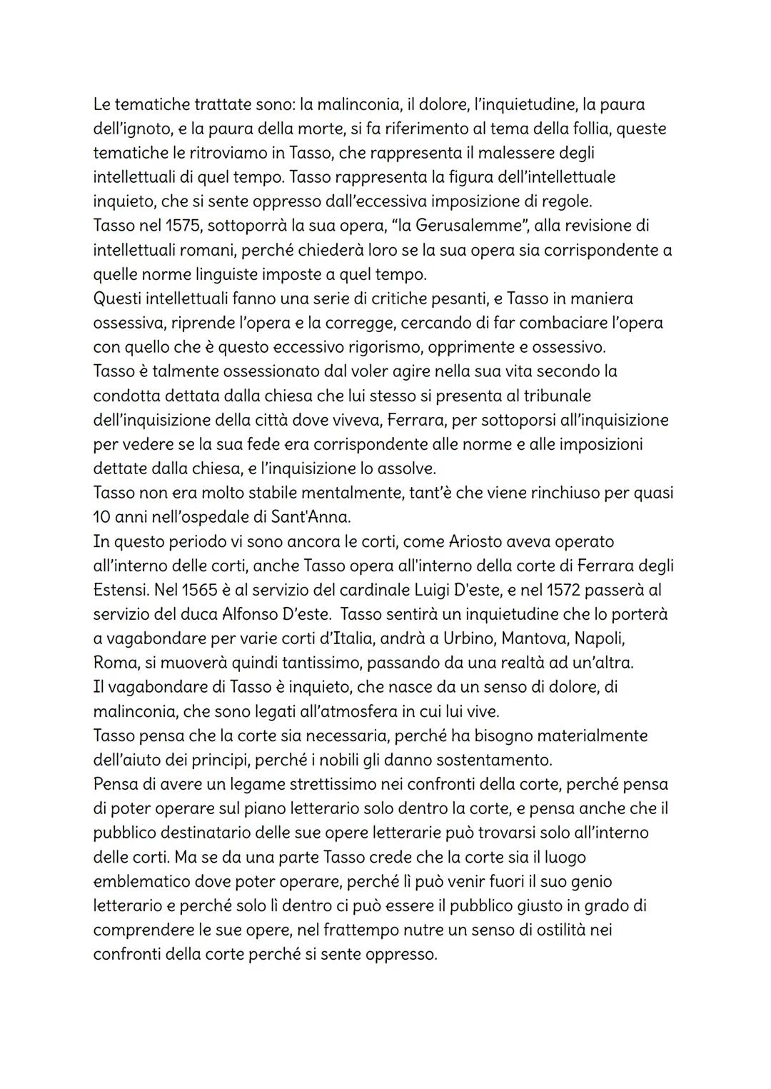 Tasso
Contesto storico
Nel 1559 con la pace di Cateau - Cambrésis l'Italia passa sotto il dominio
spagnolo, sarà un dominio rude e aspro.
La