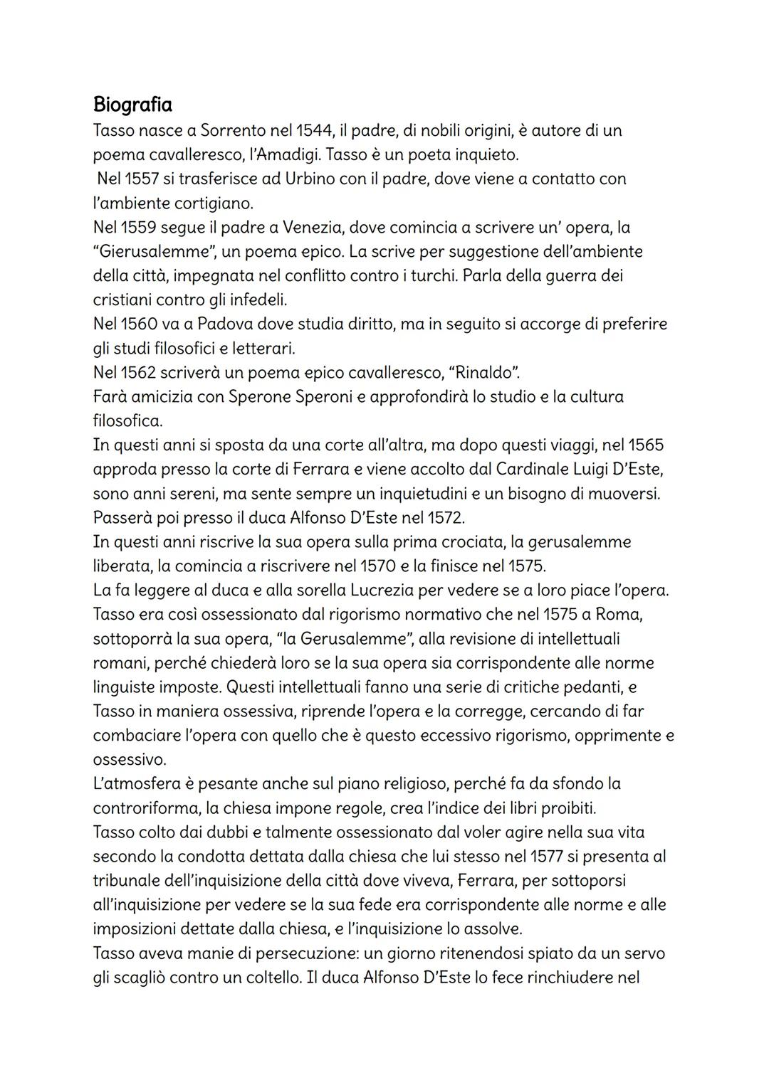 Tasso
Contesto storico
Nel 1559 con la pace di Cateau - Cambrésis l'Italia passa sotto il dominio
spagnolo, sarà un dominio rude e aspro.
La