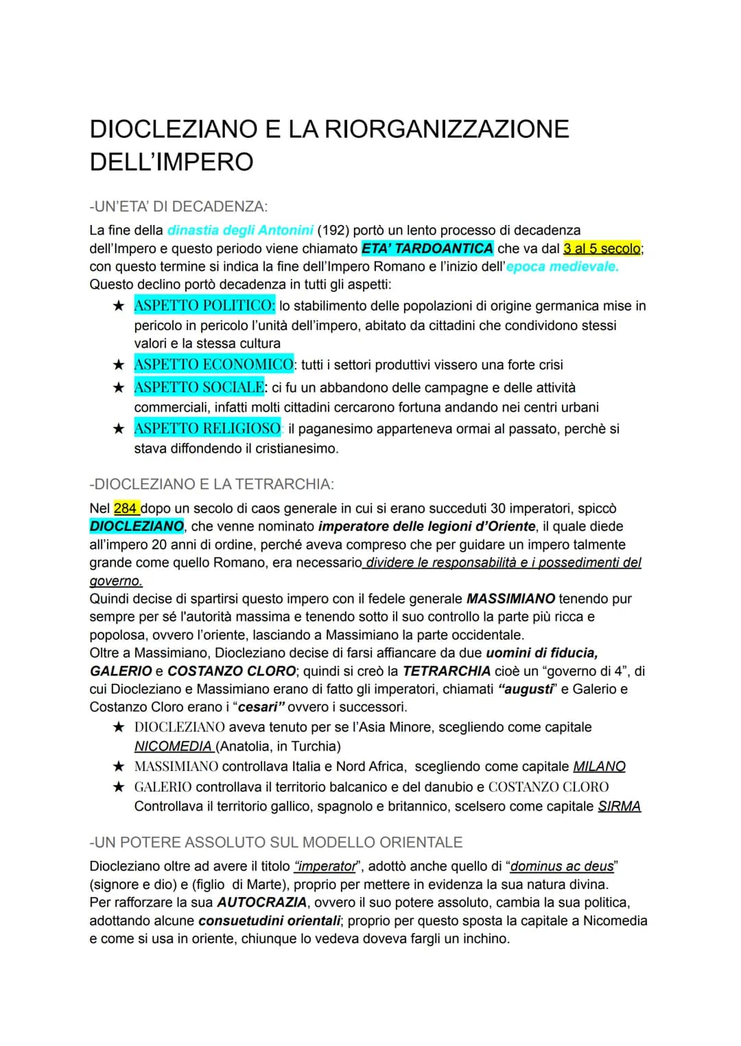 DIOCLEZIANO E LA RIORGANIZZAZIONE
DELL'IMPERO
-UN'ETA' DI DECADENZA:
La fine della dinastia degli Antonini (192) portò un lento processo di 