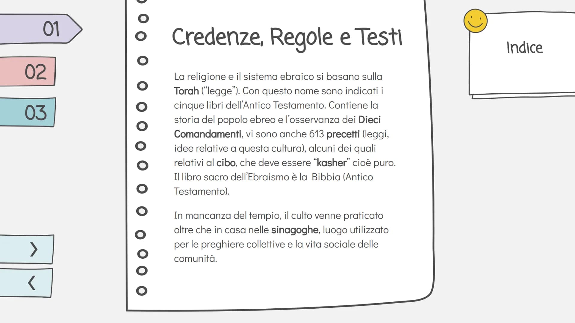 O O O
L'Ebraismo
Luce Joan Ruffato
avanti Introduzione
Le informazioni
principali su questa
religione
Indice
Credenze, Regole
e Testi
Le lor