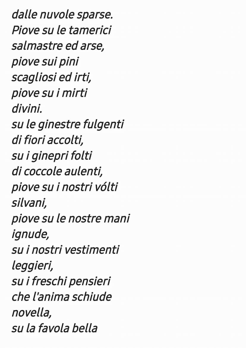 La Pioggia Nel Pineto
La lirica, pubblicata nel 1993, appartiene
alla sezione centrale di Alcyone, dedicata
all'estate. Il poeta, insieme a 