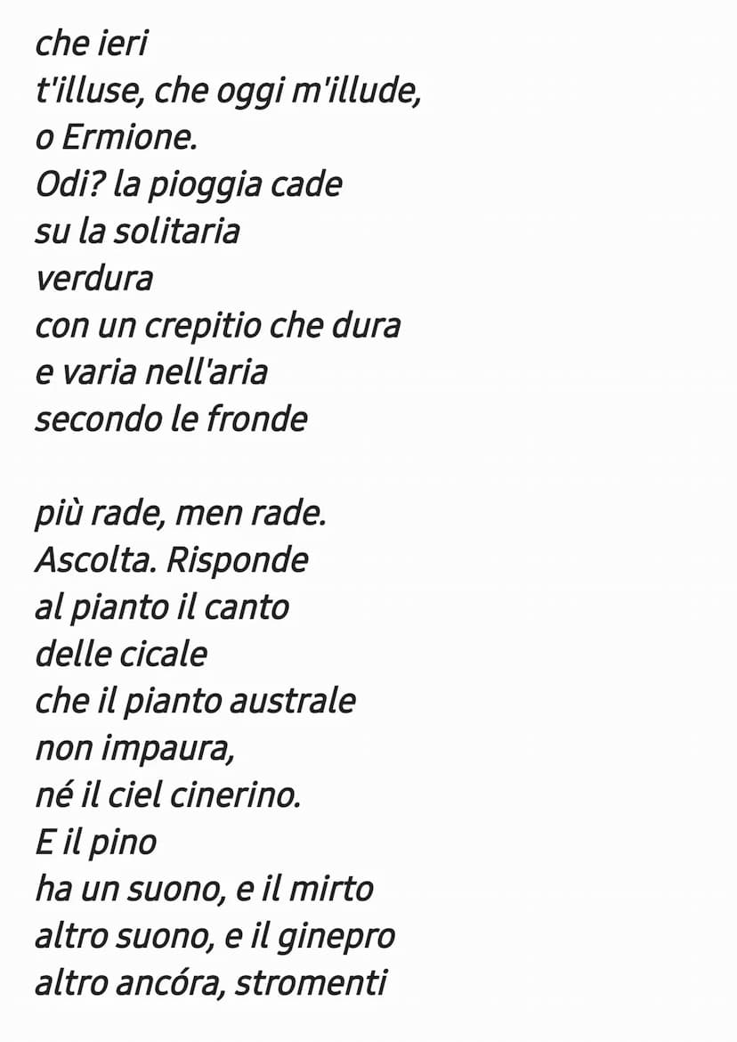 La Pioggia Nel Pineto
La lirica, pubblicata nel 1993, appartiene
alla sezione centrale di Alcyone, dedicata
all'estate. Il poeta, insieme a 