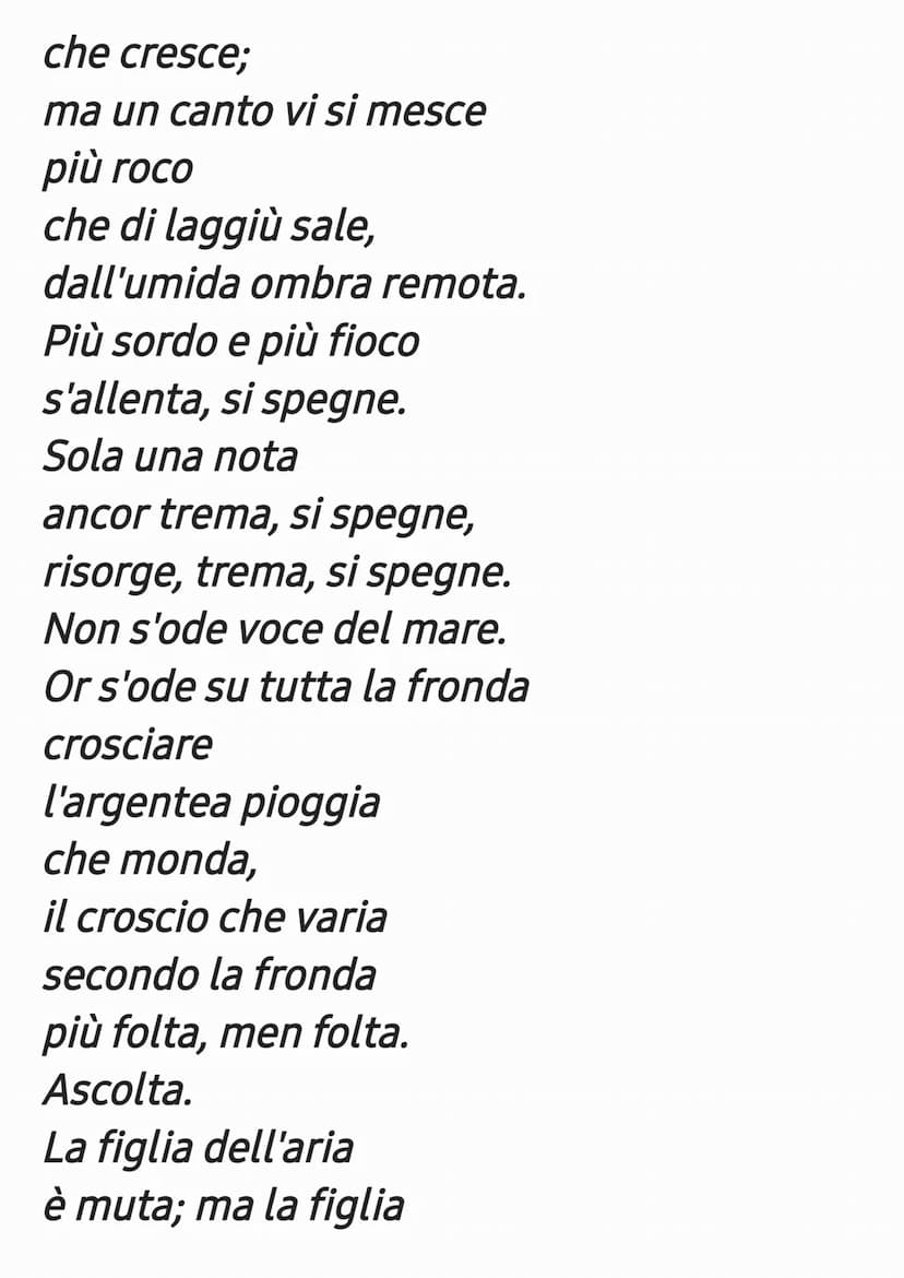 La Pioggia Nel Pineto
La lirica, pubblicata nel 1993, appartiene
alla sezione centrale di Alcyone, dedicata
all'estate. Il poeta, insieme a 