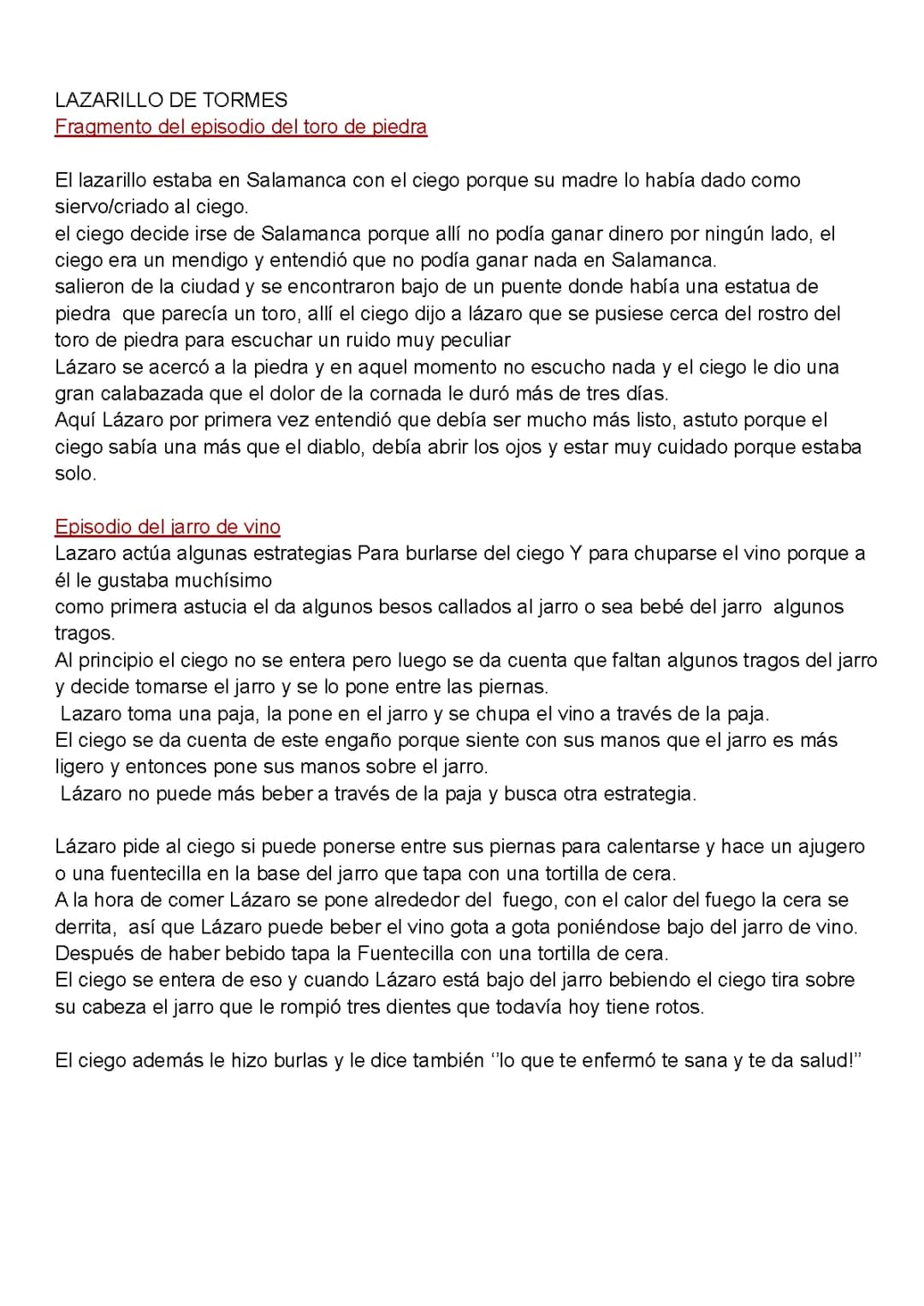 El Lazarillo de Tormes: El Episodio del Toro de Piedra y del Jarro de Vino Resumen