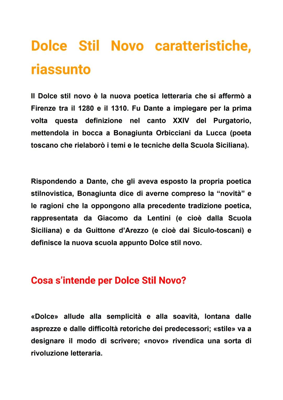 Dolce Stil Novo caratteristiche,
riassunto
II Dolce stil novo è la nuova poetica letteraria che si affermò a
Firenze tra il 1280 e il 1310. 