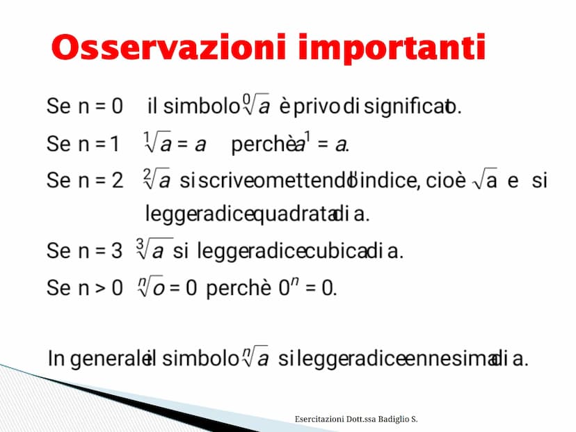I radicali Definizione
Dato un numero n intero positivo, si chiama
radice aritmetica del numero non negativo a
il numero reale non negativo 