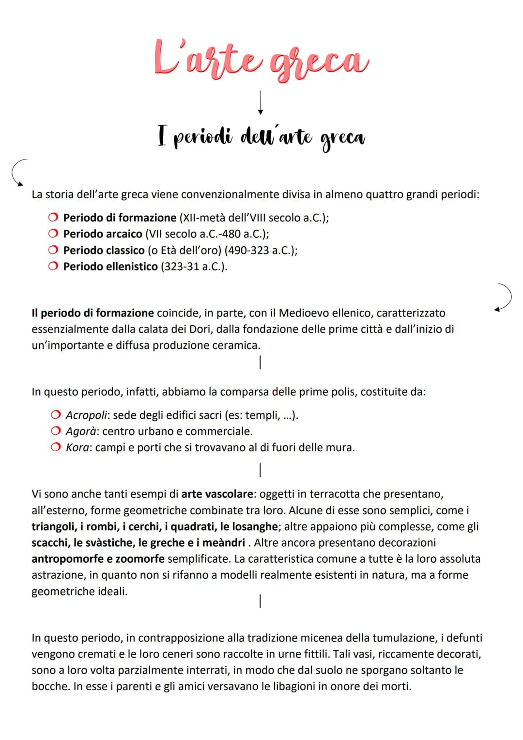 L'arte greca
I periodi dell'arte greca
La storia dell'arte greca viene convenzionalmente divisa in almeno quattro grandi periodi:
O Periodo 