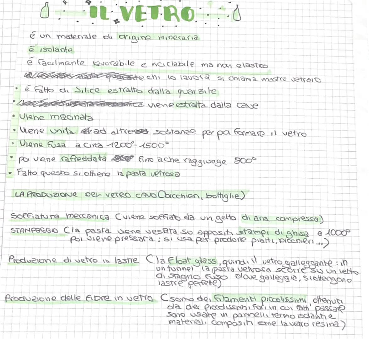 3
.
?
▾
♥
IL VETRO
☆
:.0
P
• Was A
• Viene macinata
Viene unita ad altre sostanze per pa formare il vetro
Viene fusa a circa 1200-1500°
é un