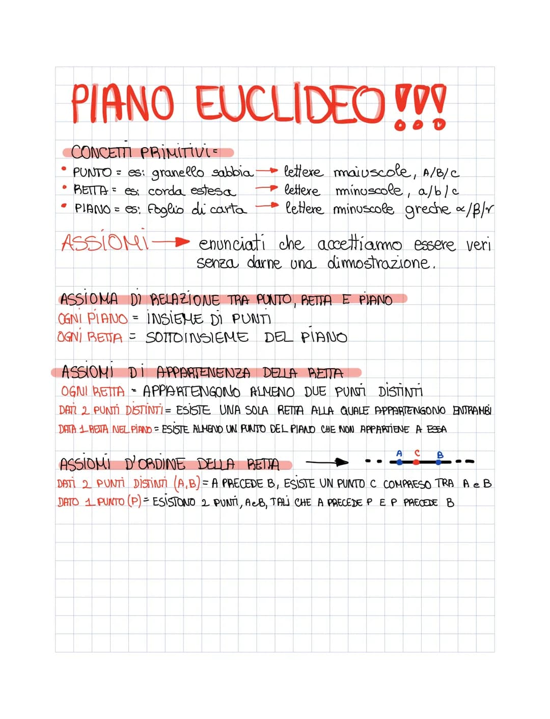 PIANO EUCLIDEO!!!
CONCETTI PRIMIiTivi=
PUNTO es: granello sabbia. lettere maiuscole, A/B/C
RETTA es: corda estesa
• PIANO = es: Foglio di ca