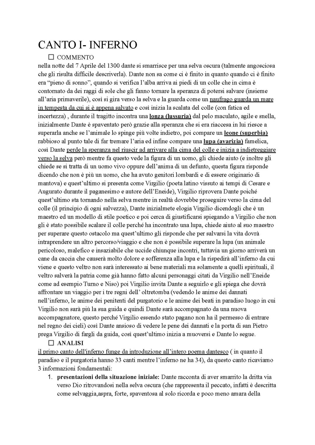 Il Primo Canto dell'Inferno - Analisi e Riassunto