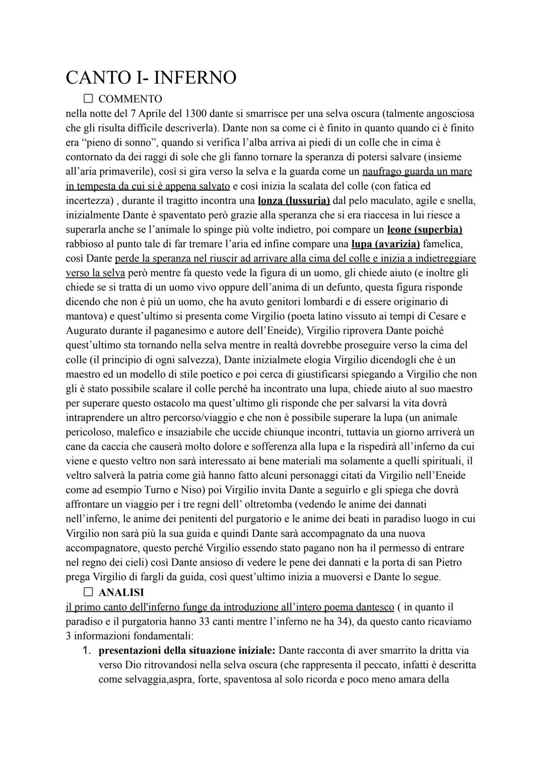 CANTO I- INFERNO
COMMENTO
nella notte del 7 Aprile del 1300 dante si smarrisce per una selva oscura (talmente angosciosa
che gli risulta dif