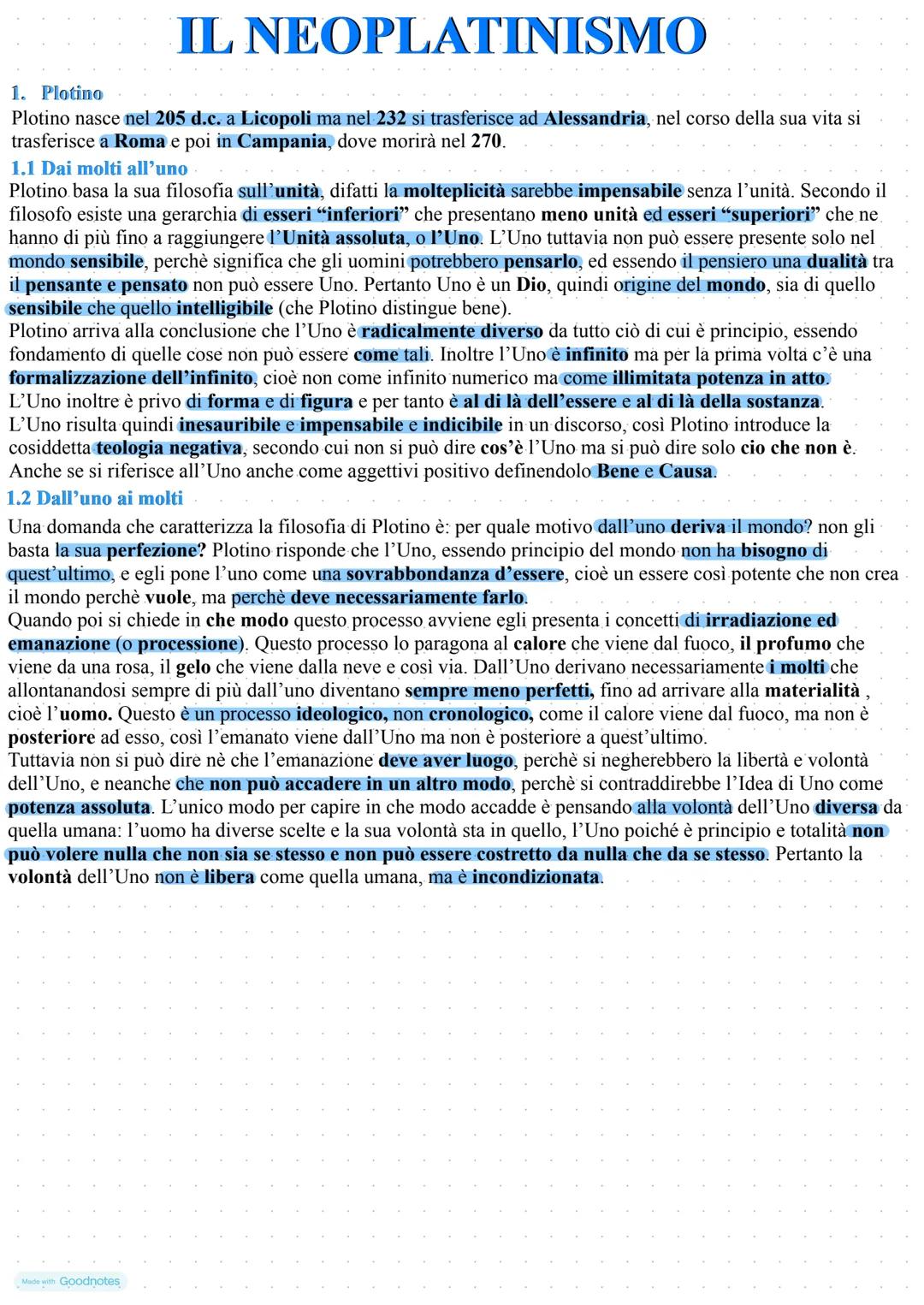 IL NEOPLATINISMO
1. Plotino
Plotino nasce nel 205 d.c. a Licopoli ma nel 232 si trasferisce ad Alessandria, nel corso della sua vita si
tras