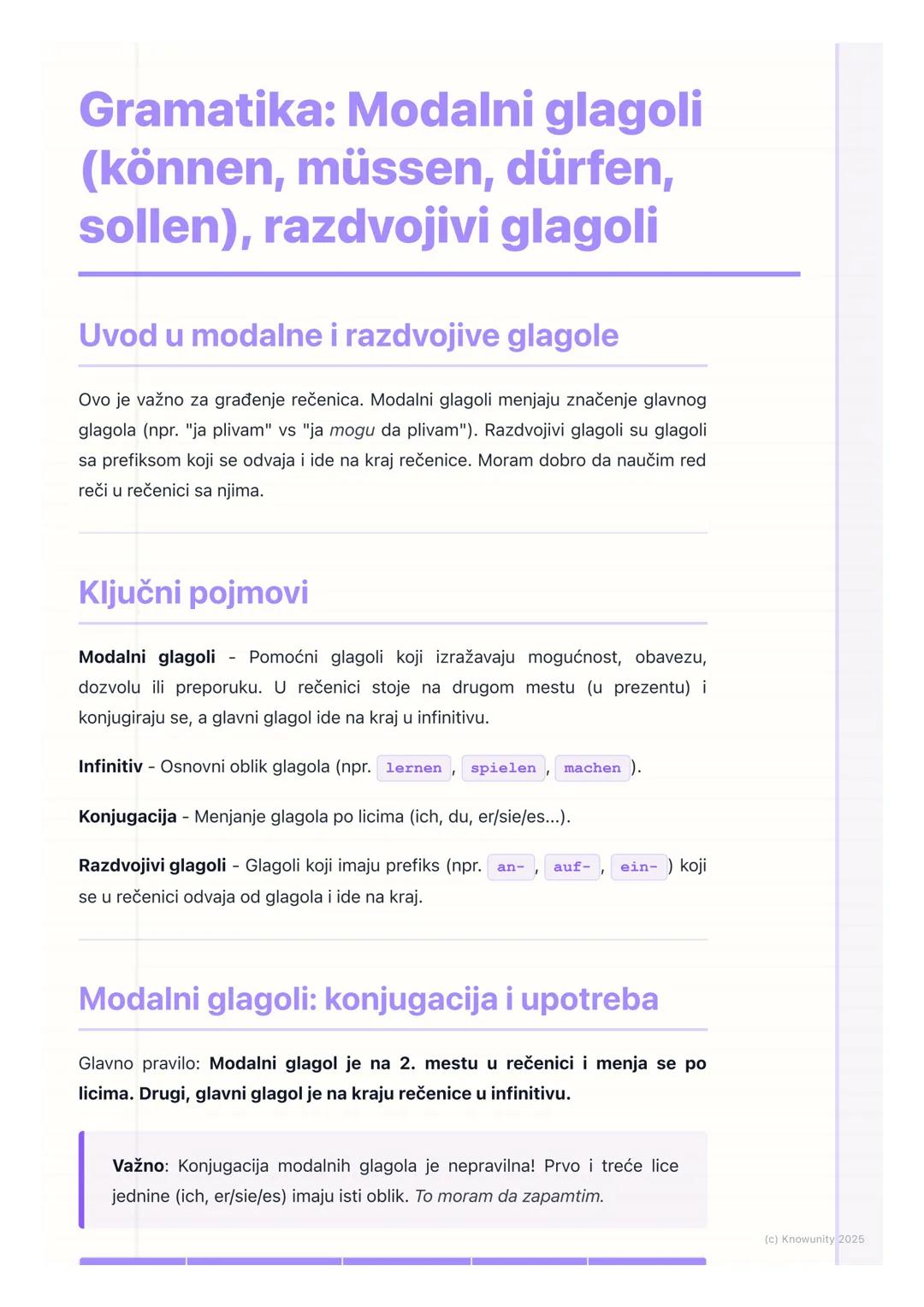 # Gramatika: Modalni glagoli
(können, müssen, dürfen,
sollen), razdvojivi glagoli

Uvod u modalne i razdvojive glagole

Ovo je važno za građ