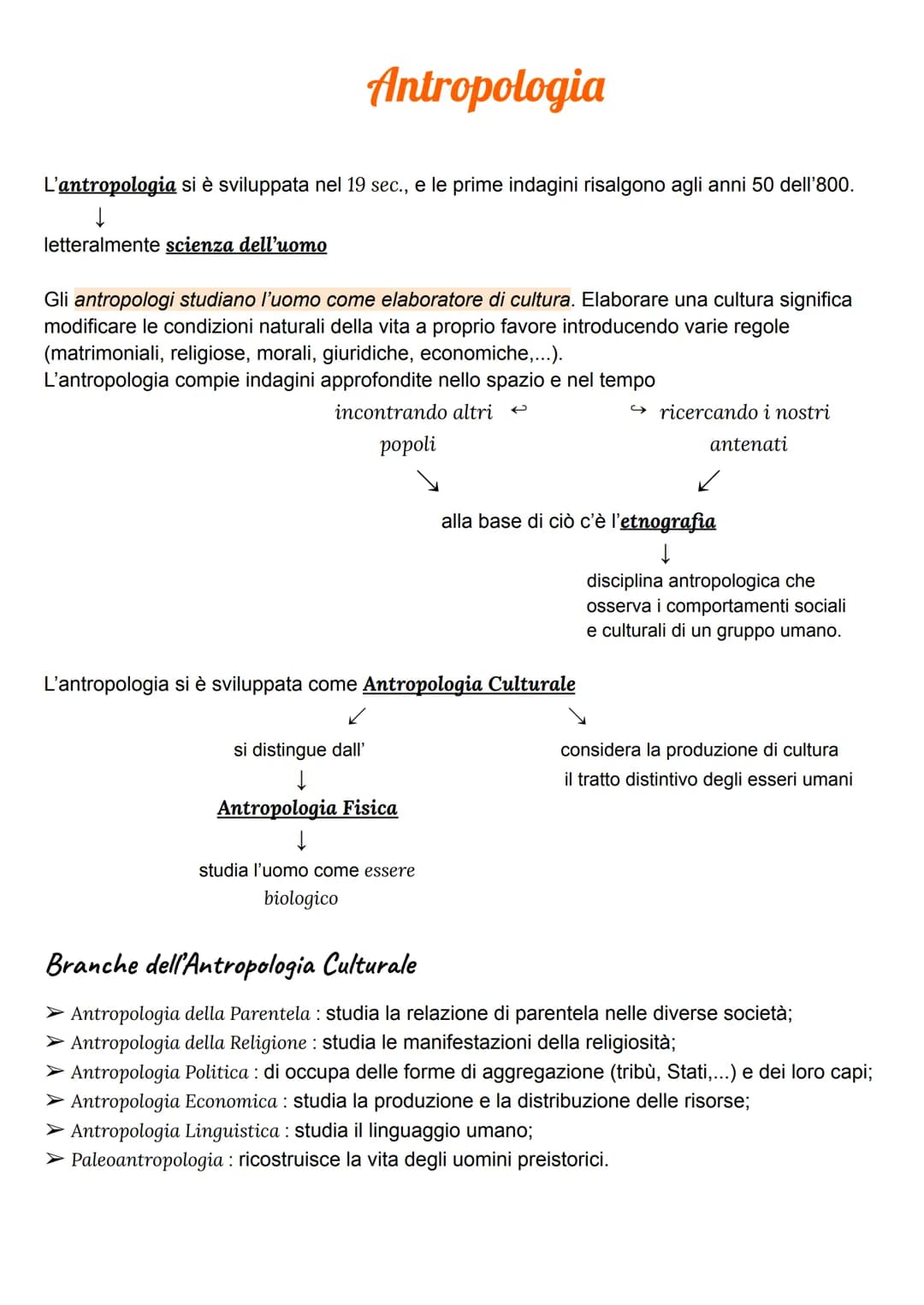 Antropologia
L'antropologia si è sviluppata nel 19 sec., e le prime indagini risalgono agli anni 50 dell'800.
↓
letteralmente scienza dell'u