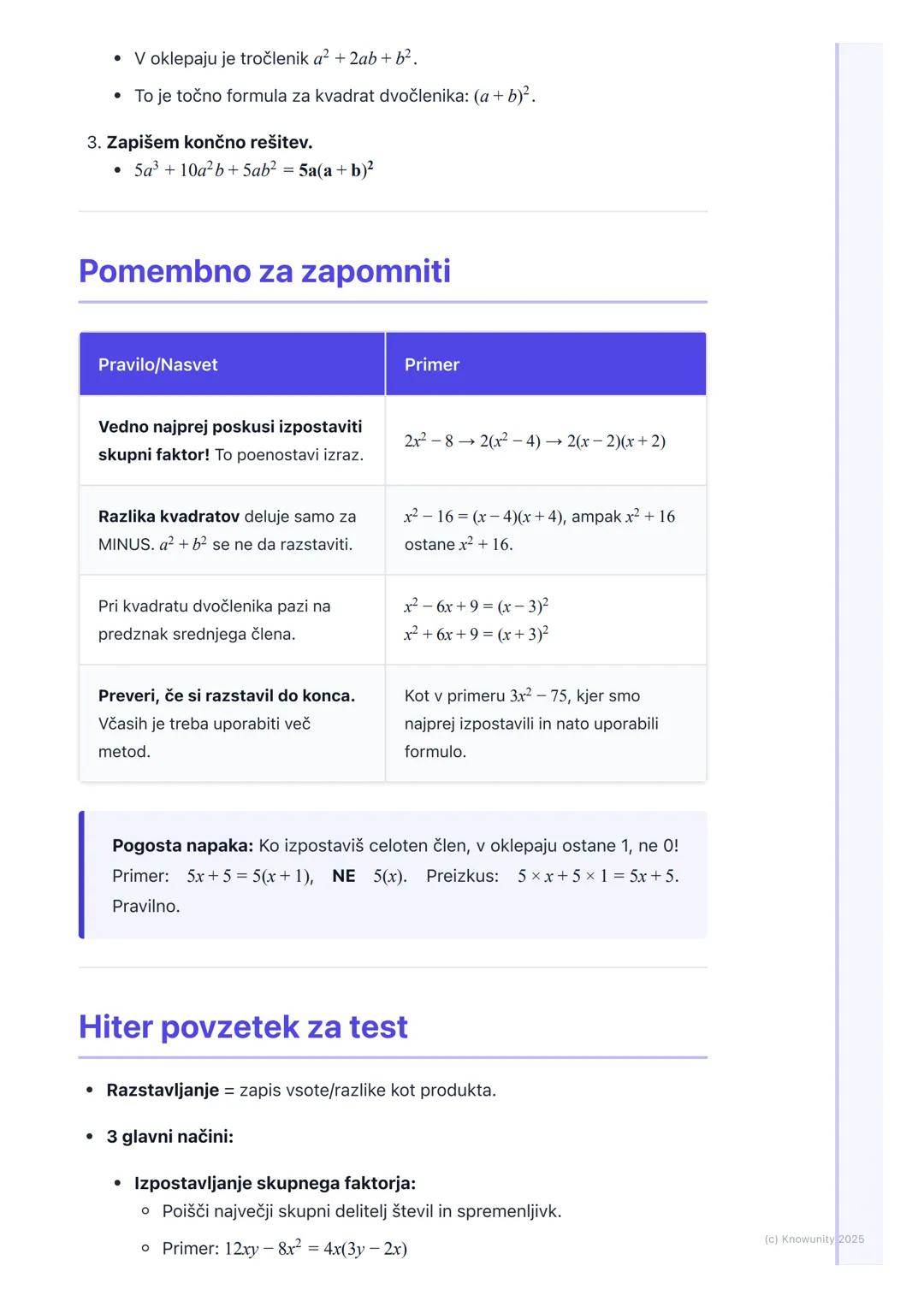 # Razstavljanje izrazov

Kaj je razstavljanje izrazov?

Razstavljanje (ali faktorizacija) algebrskih izrazov je postopek, pri katerem
vsoto 