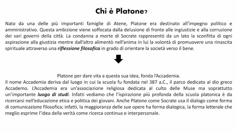 PLATONE Chi è Platone?
Nato da una delle più importanti famiglie di Atene, Platone era destinato all'impegno politico e
amministrativo. Ques