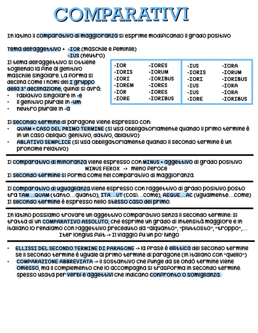 In latino il comparativo di maggioranza si esprime modificando il grado positivo
Tema dell'aggettivo + -IOR (maschile e feminile)
-IUS (neut