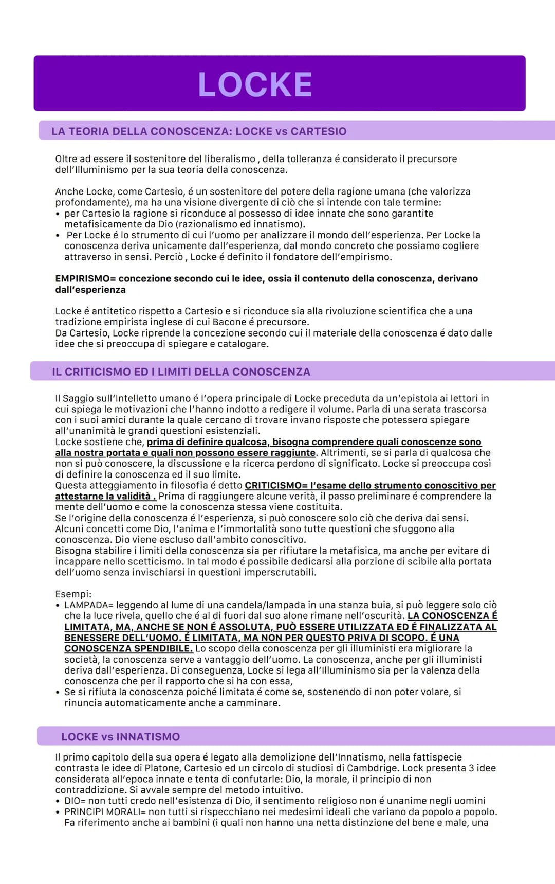 LOCKE
LA TEORIA DELLA CONOSCENZA: LOCKE vs CARTESIO
Oltre ad essere il sostenitore del liberalismo, della tolleranza é considerato il precur