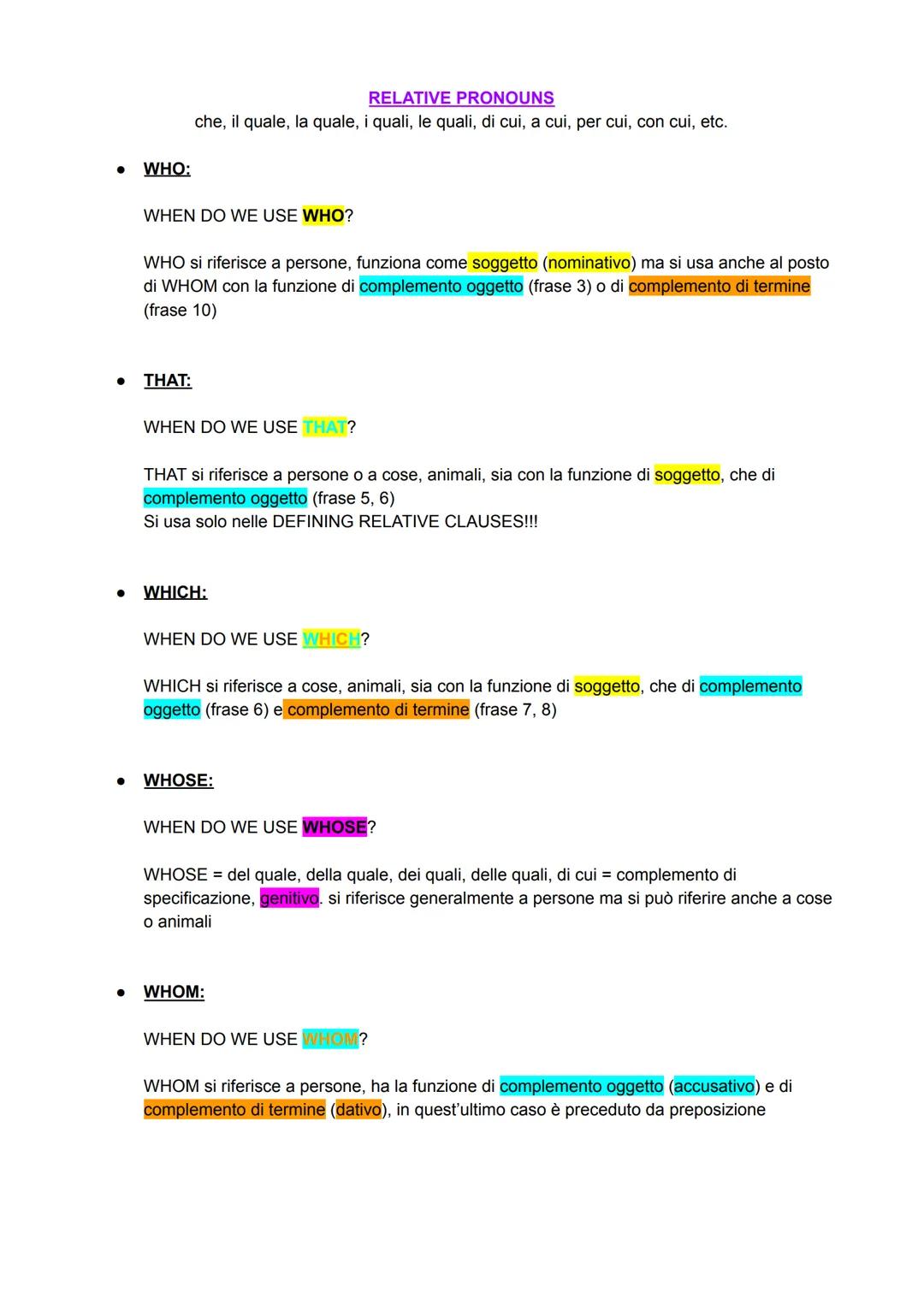 RELATIVE PRONOUNS
che, il quale, la quale, i quali, le quali, di cui, a cui, per cui, con cui, etc.

- WHO:

WHEN DO WE USE WHO?

WHO si rif