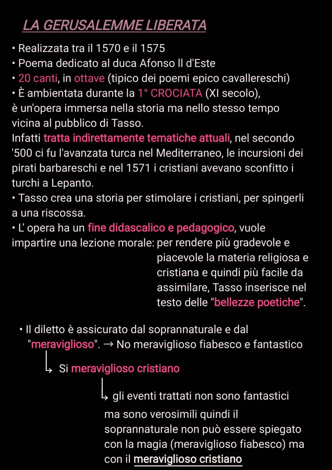 LA GERUSALEMME LIBERATA
Realizzata tra il 1570 e il 1575
Poema dedicato al duca Afonso II d'Este
●
20 canti, in ottave (tipico dei poemi epi