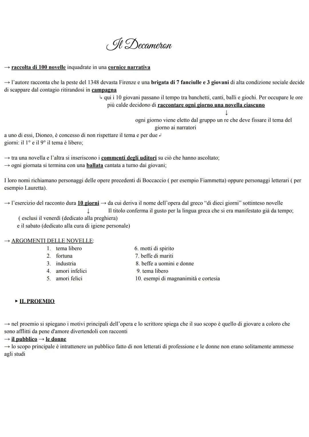 → raccolta di 100 novelle inquadrate in una cornice narrativa
→ l'autore racconta che la peste del 1348 devasta Firenze e una brigata di 7 f