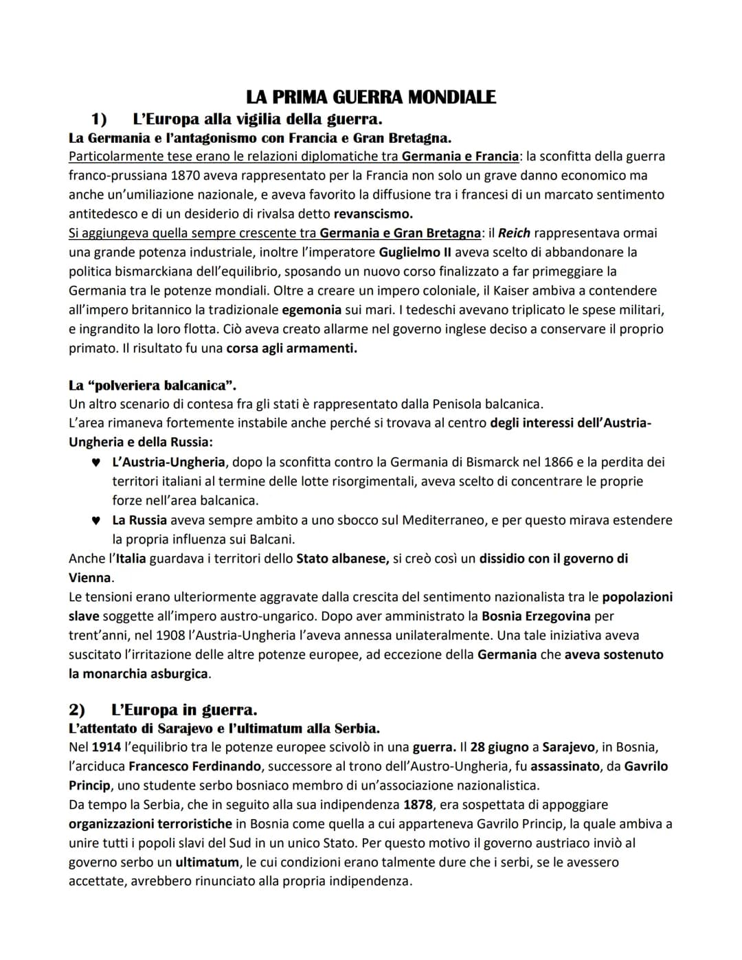 LA PRIMA GUERRA MONDIALE
1) L'Europa alla vigilia della guerra.
La Germania e l'antagonismo con Francia e Gran Bretagna.
Particolarmente tes