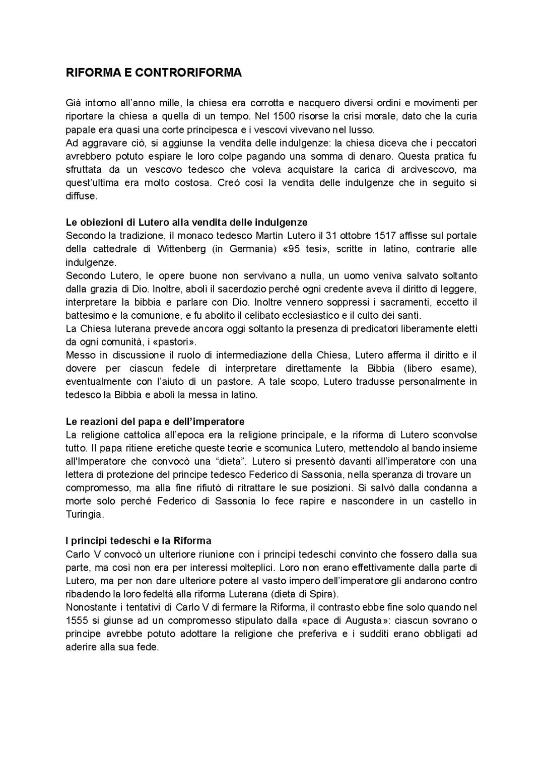 La Riforma Protestante e la Controriforma: Riassunto Facile e PDF