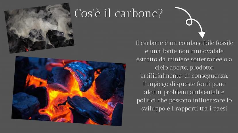 CARBONE Cos'è il carbone?
Il carbone è un combustibile fossile
e una fonte non rinnovabile
estratto da miniere sotterranee o a
cielo aperto,