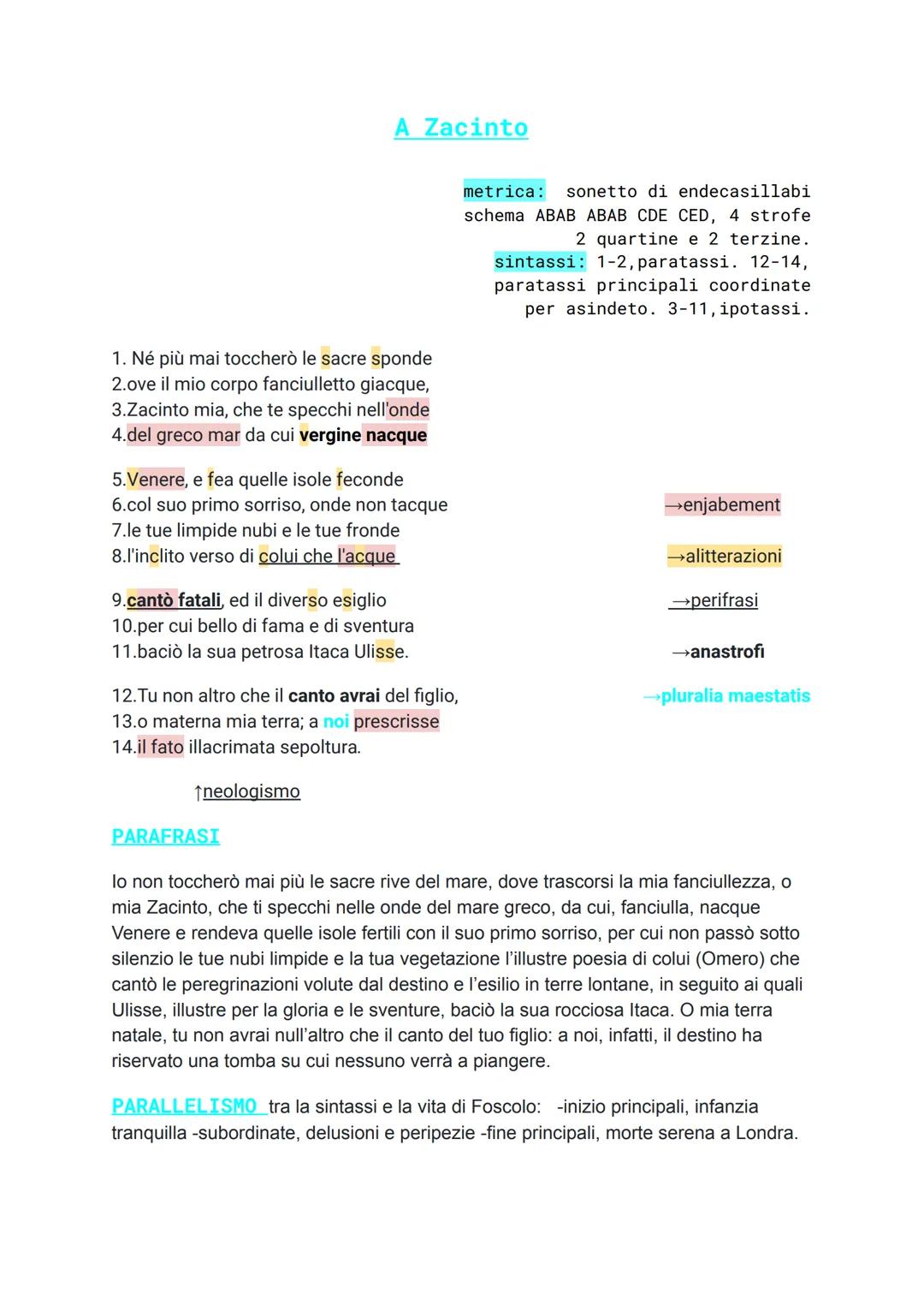 A Zacinto: Parafrasi e Analisi delle Figure Retoriche