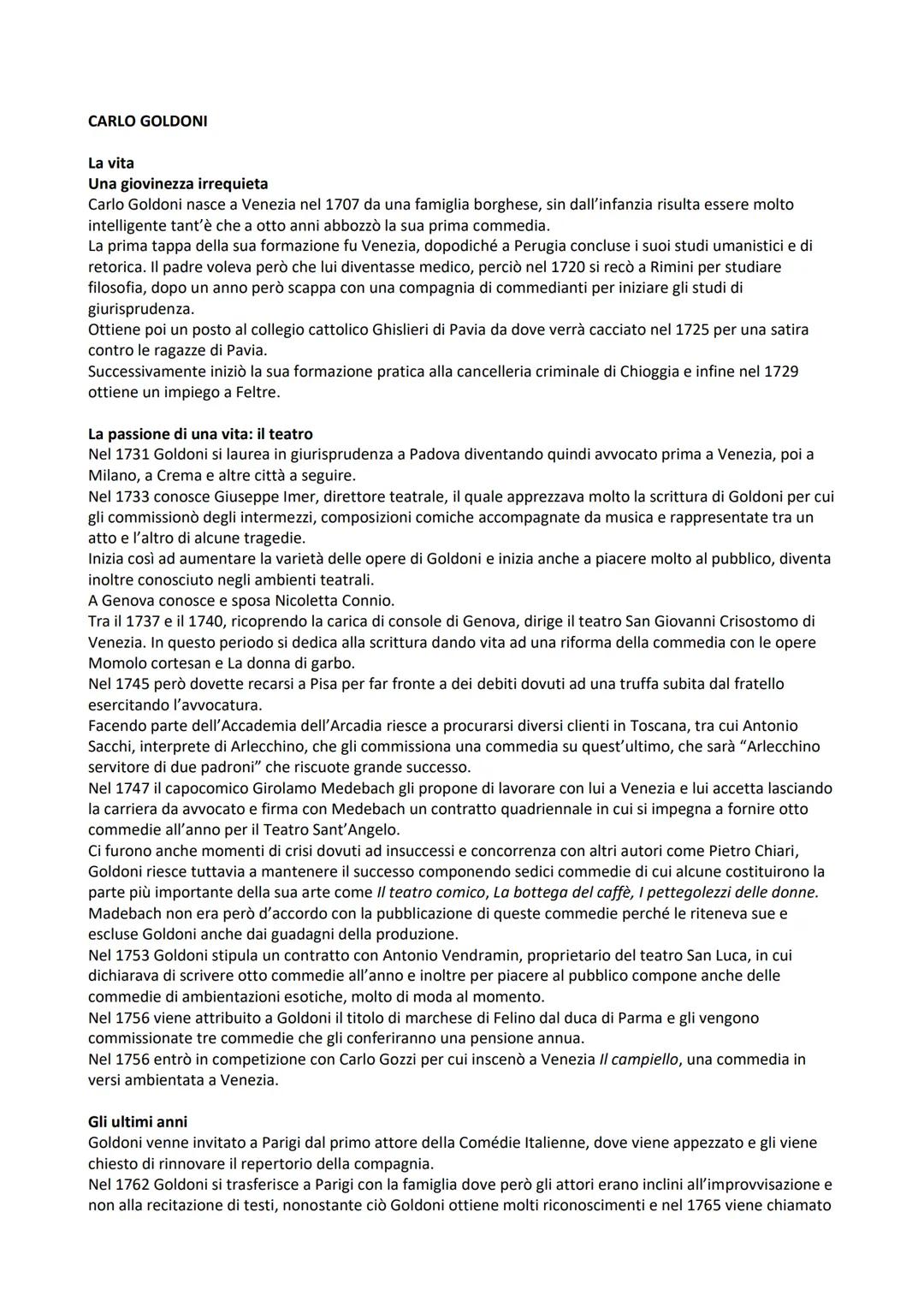 # CARLO GOLDONI

La vita

Una giovinezza irrequieta

Carlo Goldoni nasce a Venezia nel 1707 da una famiglia borghese, sin dall'infanzia risu