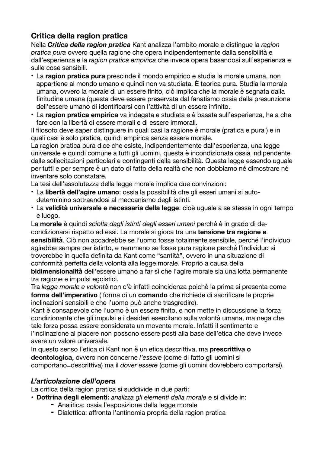 Critica della ragion pratica
Nella Critica della ragion pratica Kant analizza l'ambito morale e distingue la ragion
pratica pura ovvero quel