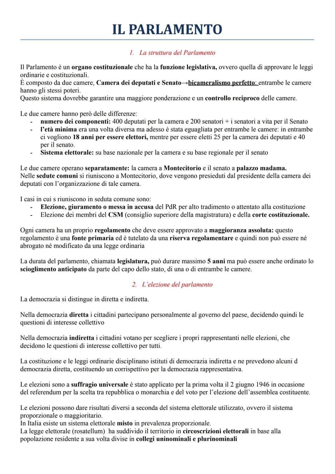 # IL PARLAMENTO

1. La struttura del Parlamento

Il Parlamento è un organo costituzionale che ha la funzione legislativa, ovvero quella di a