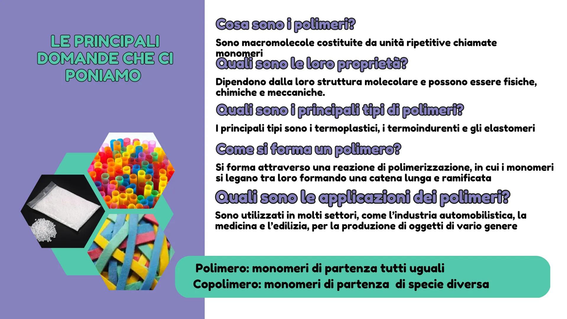 Argomento di chimica, capitolo 20
I POLIMERI
"Cosa sono e a cosa servono?"
TTT LE PRINCIPALI
DOMANDE CHE CI
PONIAMO
Cosa sono i polimeri?
So