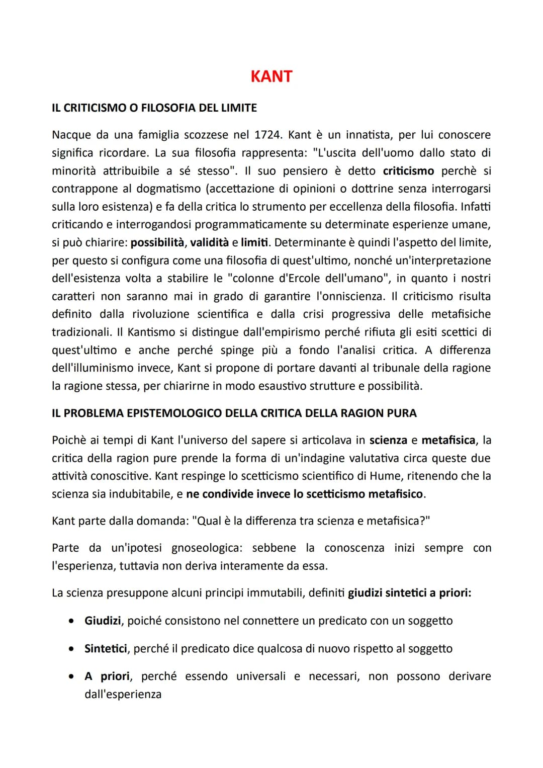 KANT
IL CRITICISMO O FILOSOFIA DEL LIMITE
Nacque da una famiglia scozzese nel 1724. Kant è un innatista, per lui conoscere
significa ricorda