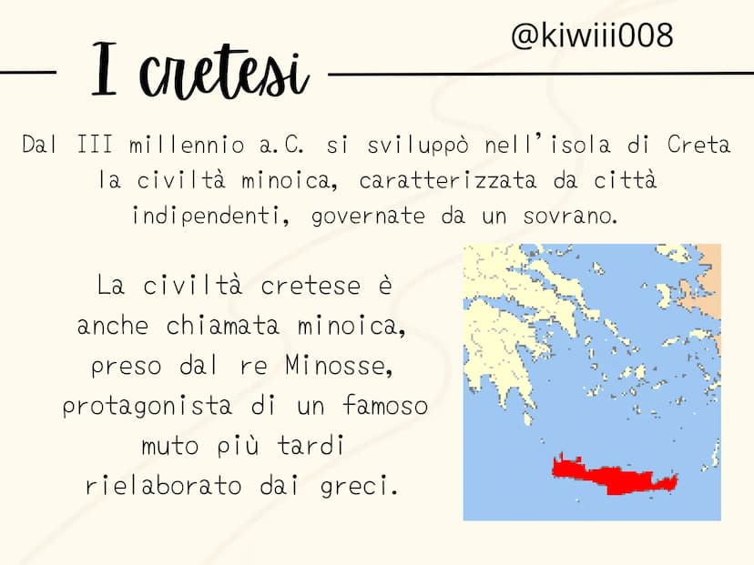I CRETESI
@kiwiii008 @kiwiii008
I cretesi
Dal III millennio a. C. si sviluppò nell'isola di Creta
la civiltà minoica, caratterizzata da citt