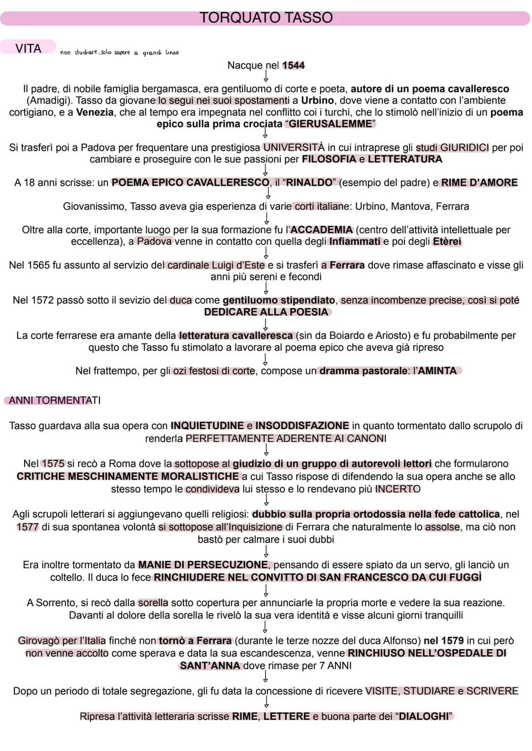 VITA non studiare, solo sapere a grandi linee
TORQUATO TASSO
Nacque nel 1544
Il padre, di nobile famiglia bergamasca, era gentiluomo di cort