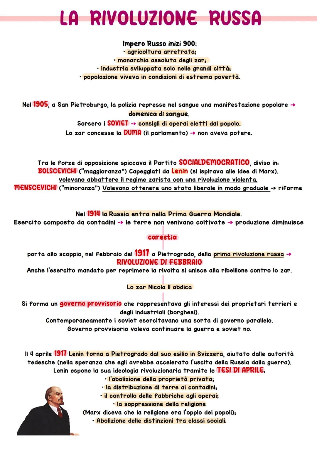 # LA RIVOLUZIONE RUSSA

Impero Russo inizi 900:
*   agricoltura arretrata;
*   monarchia assoluta degli zar;
*   industria sviluppata solo n
