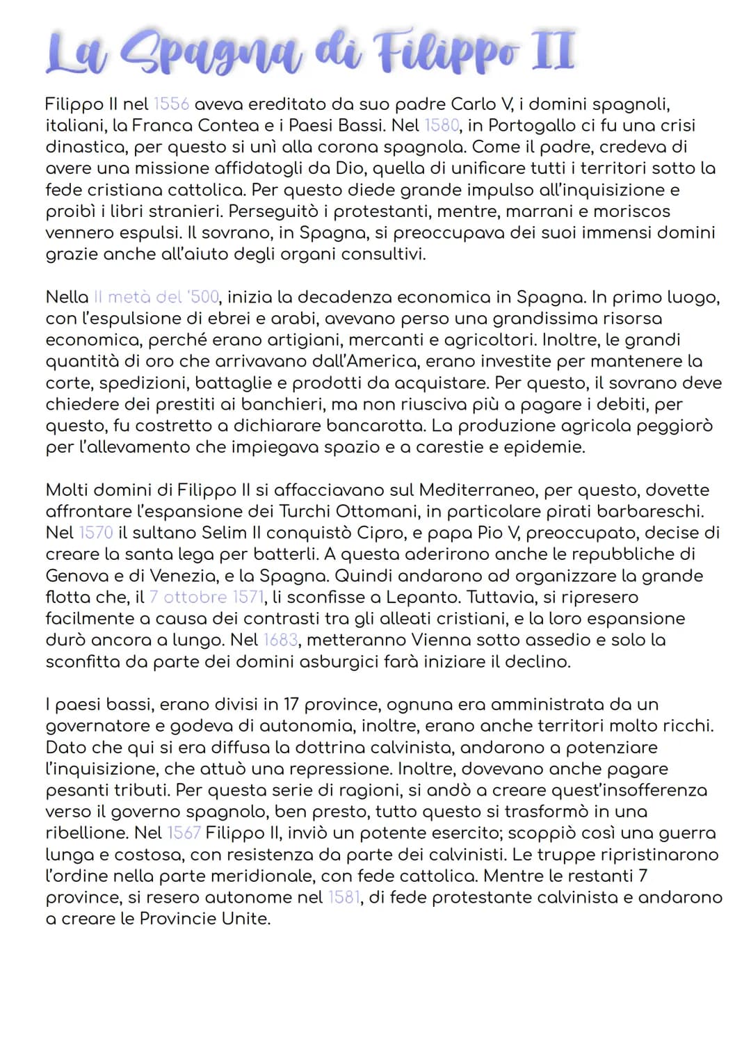 La Spagna di Filippo II
Filippo II nel 1556 aveva ereditato da suo padre Carlo V, i domini spagnoli,
italiani, la Franca Contea e i Paesi Ba