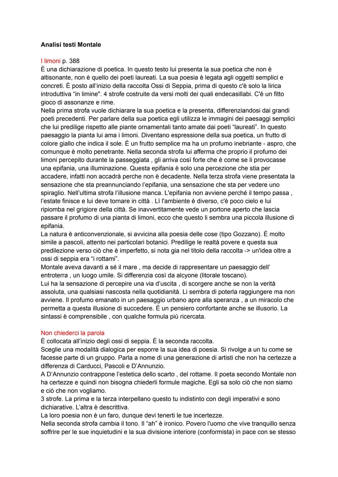 Analisi testi Montale
I limoni p. 388
È una dichiarazione di poetica. In questo testo lui presenta la sua poetica che non è
altisonante, non