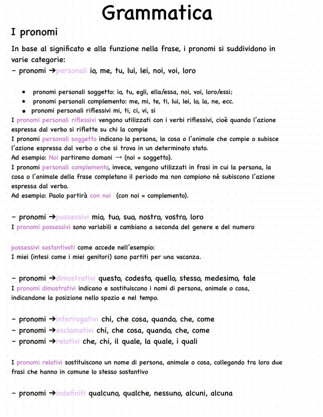 Grammatica
I pronomi
In base al significato e alla funzione nella frase, i pronomi si suddividono in
varie categorie:
- pronomi →personali i