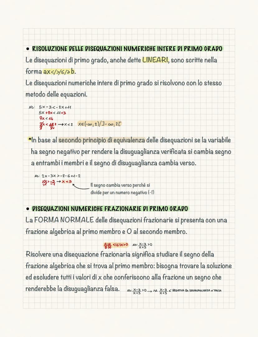 Le disequazioni
Una disequazione è una disuguaglianza tra 2 espressioni algebriche che
contengono almeno un'incognita.
Risolvere una disequa
