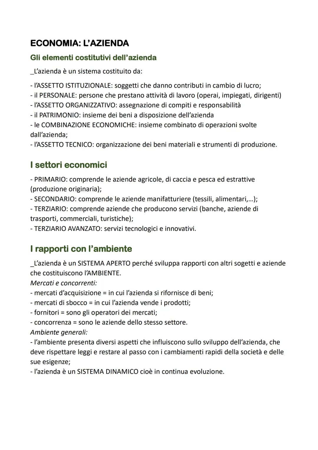 ECONOMIA: L'AZIENDA
Gli elementi costitutivi dell'azienda
_L'azienda è un sistema costituito da:
- l'ASSETTO ISTITUZIONALE: soggetti che dan